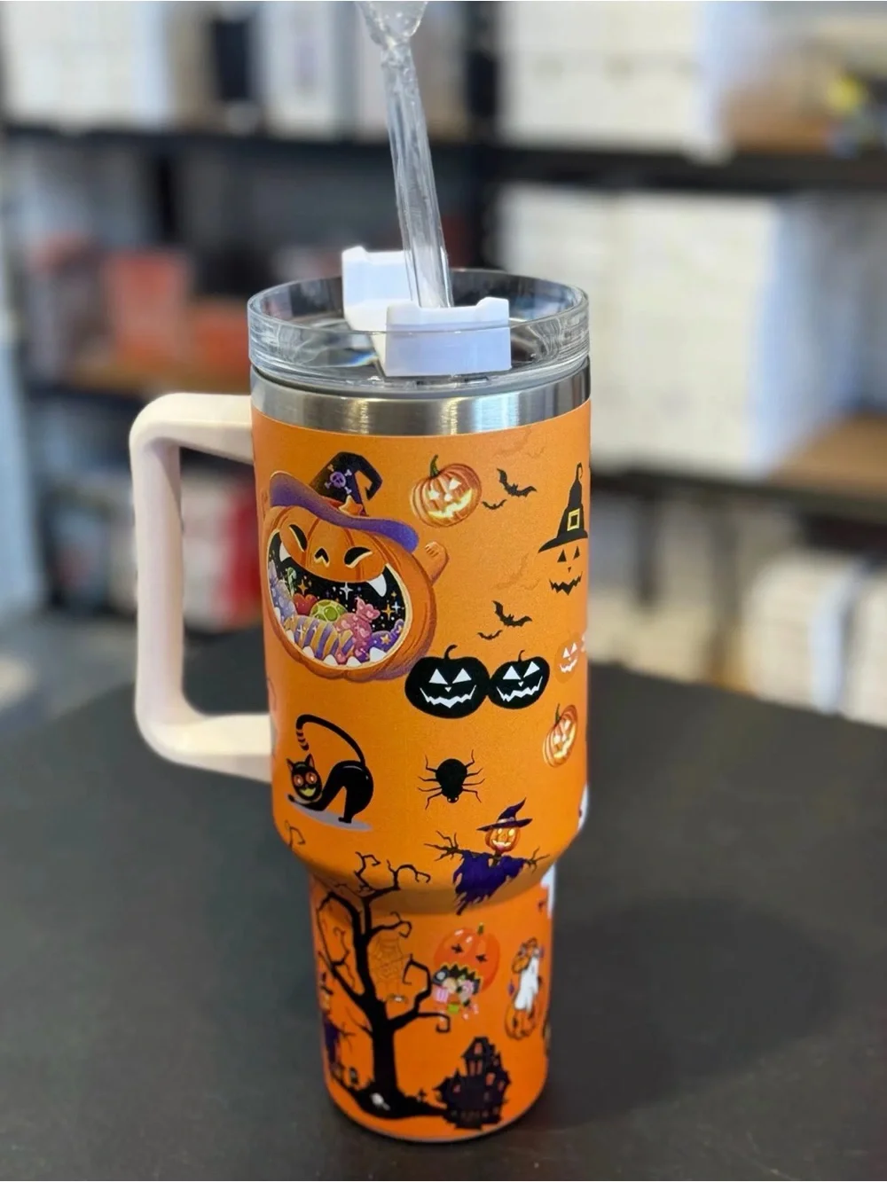 40 oz Halloween Pumpkin Travel Tumbler Mug with Handle & Straw - Orange NIB